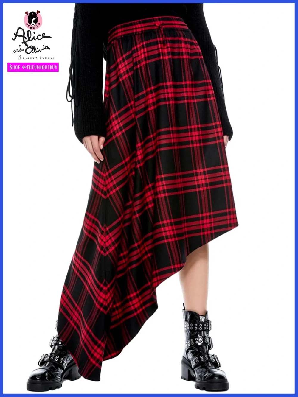 Alice + Olivia Natalina Plaid High-Low Asymmetrical Red Black Midi Skirt
